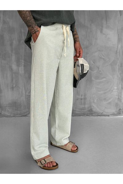 ablukaonline Men's Elastic Waist Striped Baggy Fit Trousers Light Green