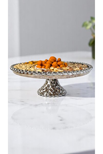 Ornamenti Cam Dekorlu Bölmeli Ayaklı Çerezlik, Sunumluk 26 Cm, Altın, Gümüş