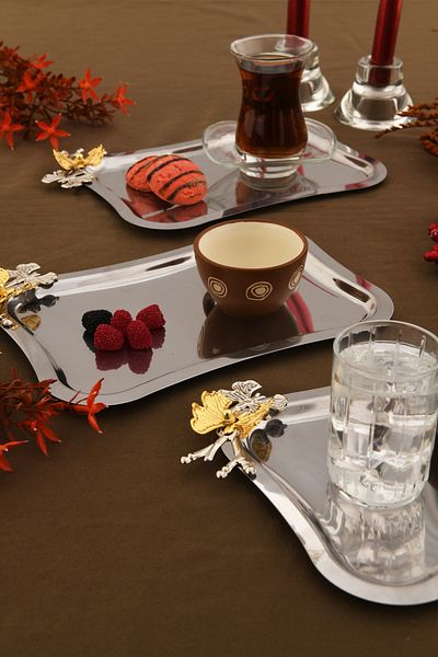 AKSESUAR EVRENİ Naldo Italian Model Butterfly Detailed 3 Presentation Trays Silver