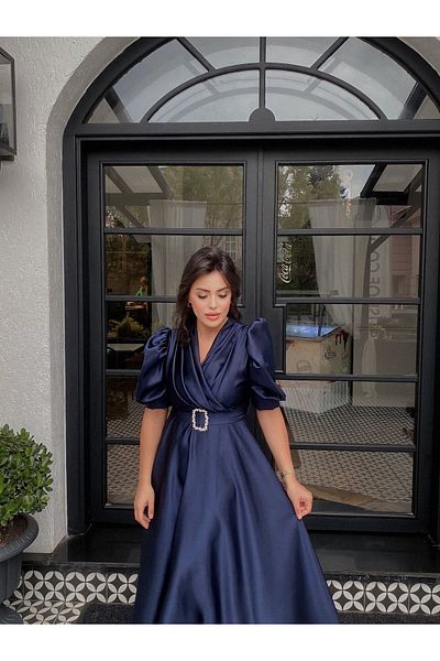 BAHARYAMAÇLI Women's Long Navy Blue Balloon Sleeve Lavin Dress