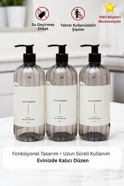 homence 500ml Plastic Bottle Set of 3 with Smoked Soap Dispenser