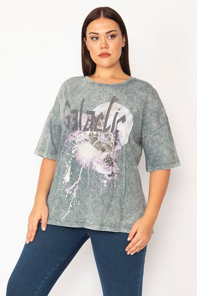 Şans Women's Large Size Colored Washed Fabric Front Printed Blouse 65n28366
