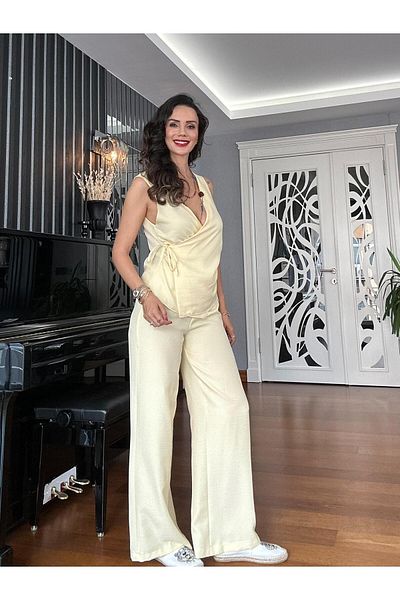 Atelier Derin Yellow Linen Trousers Wrap Vest Set