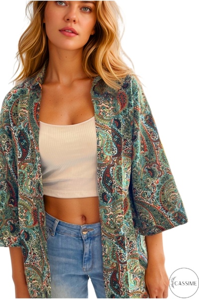 Cassime Women's Linen Oversize Green Shawl Pattern Loose Turn-Down Collar Kimono