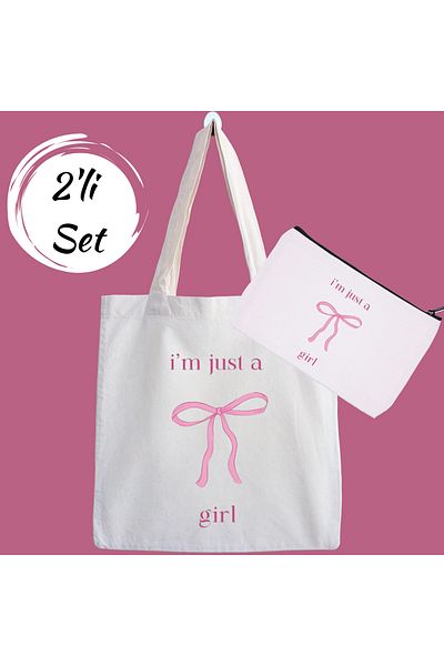 designedfy Set de 2 genți de pânză și geanți de machiaj pentru campania I'm Just a Girl