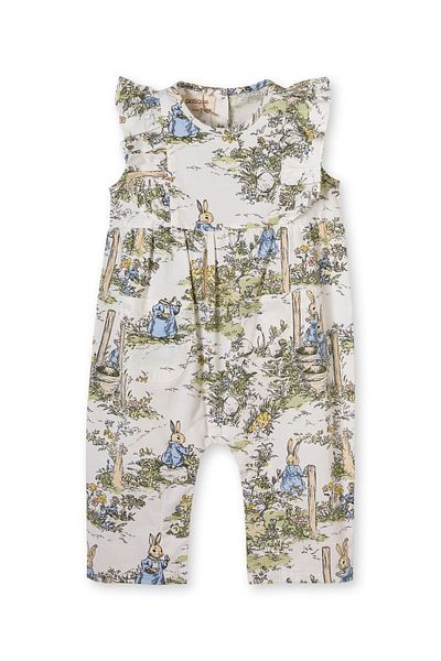Patique Kids Cream Rabbit Patterned Cotton Girl's Jumpsuit with Snap Pocket
