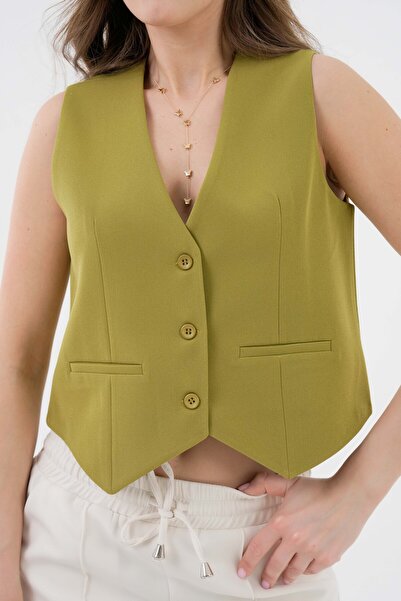 Saade Oil Green Pocket Detailed Pencil 3 Button Closure Lined Vest