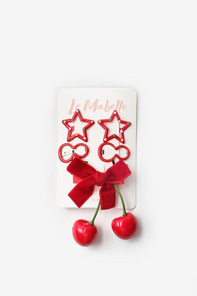 Le Mabelle Red Velvet Bow and Cherry Detailed Girl's 5-Piece Buckle Set