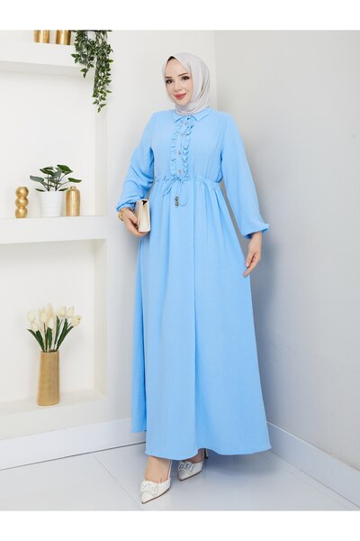 BURCU TESETTÜR فستان مزين بأحجار اللؤلؤ الأمامية 1154