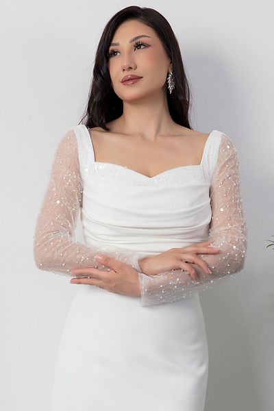 PULLIMM Heart Neckline Puff Sleeves Paillette Evening Dress Ecr5492