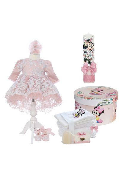 Recostore Set botez fete, culoare roz pudrat, model Minnie Mouse, trusou, rochie cu trena si lumanare, REC3194