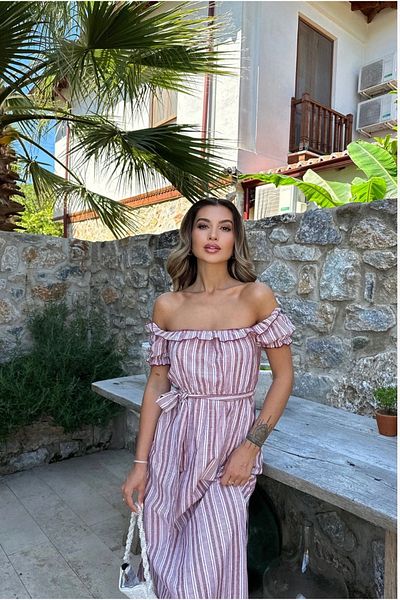 ASM Fashion Women's Madonna Collar Waist Belt Striped Dress