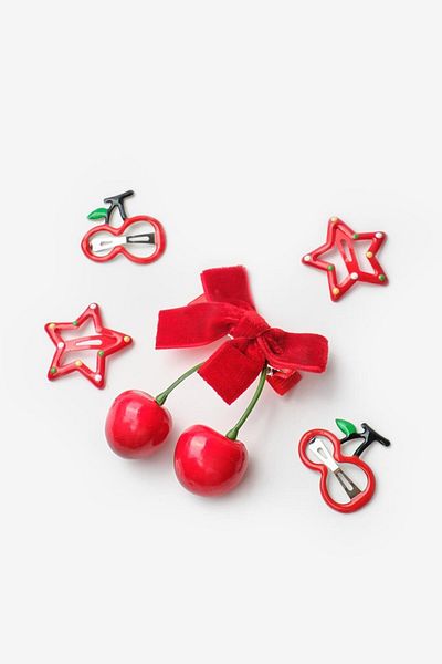 Le Mabelle Red Velvet Bow and Cherry Detailed Girl's 5-Piece Buckle Set