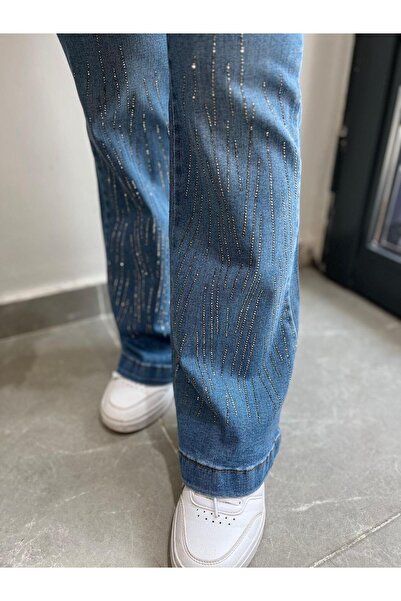 LA CARTE evazat Pantaloni din denim brodat cu pietre 4000