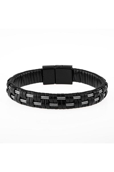 OSMANLI DOĞAL TAŞ Black Leather Braid Steel Men's Bracelet