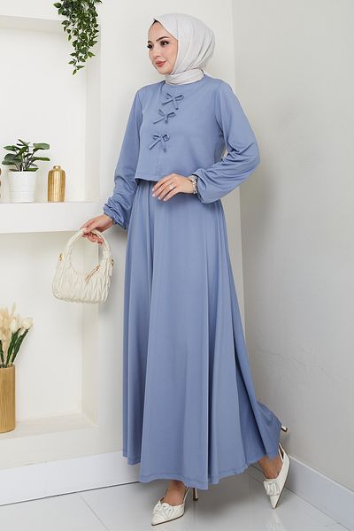 InStyle Set albastru bebeluș cu fustă și detaliu fundă
