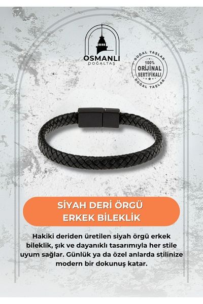 OSMANLI DOĞAL TAŞ Black Leather Braided Men's Bracelet