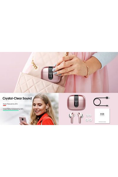 Smart Vibe Casti True Wireless ViBE™ MOOD-X08 Active Noise Cancelling, Bluetooth 5.3, Crystal Sound, Pink/Rose