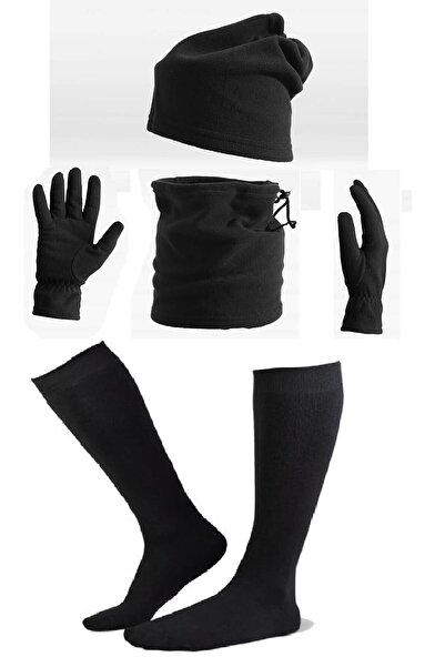 Külah Erkek Polar Set Boyunluk Eldiven Bere Çorap 4'lü Kışlık Set