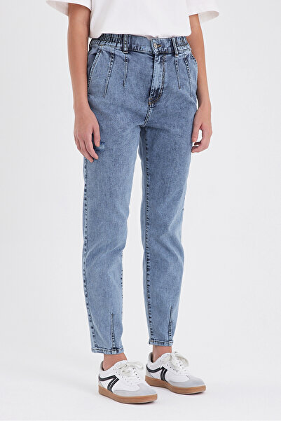 VENA Norah Med Blue Frayed Jean Trousers with Elastic Waist - Med Blue