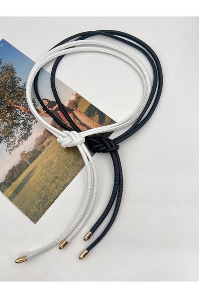 MODAM HİFA Set of 2 (Black, White) Tie-Up Cord Women's Belt Trouser Belt Dress Belt Shirt Belt
