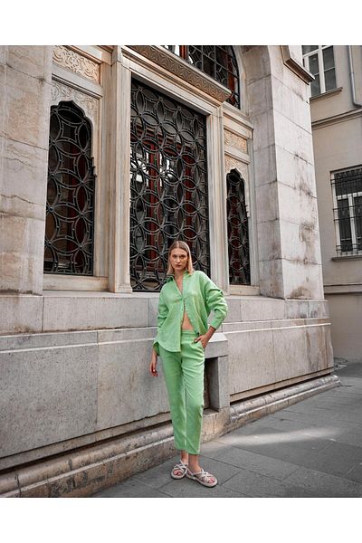 VENA Water Green Alian Linen Beach Pants - Elastic Waist