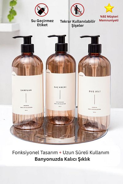 homence Shampoo Shower Gel Hair Conditioner Label Plastic Bottle Bathroom Set 3-Piece Light Brown Soap Dispenser 500ml