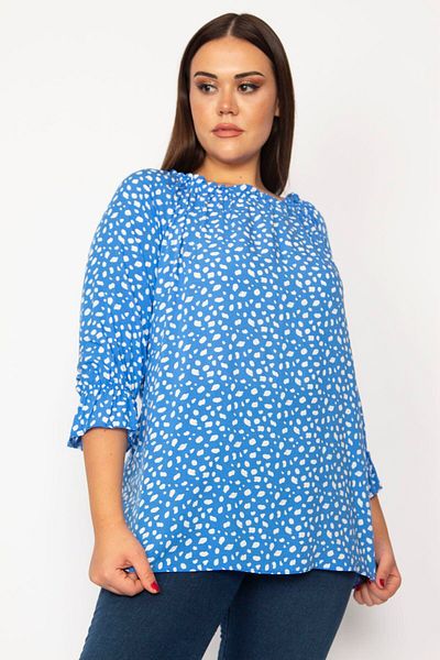 Şans Women's Large Size Blue Collar and Cuffs Elastic Detailed Woven Viscose Fabric Blouse 65n29314