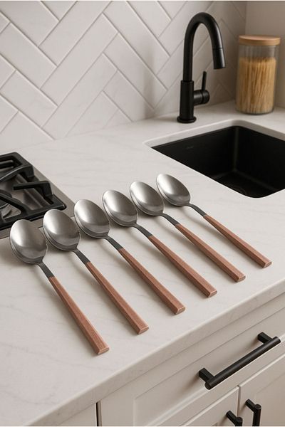AYGÖREN HOME 6 Pieces Wooden Bamboo Look Plastic Detailed Tablespoon Set |   6 Piece Luxury Tablespoon Set
