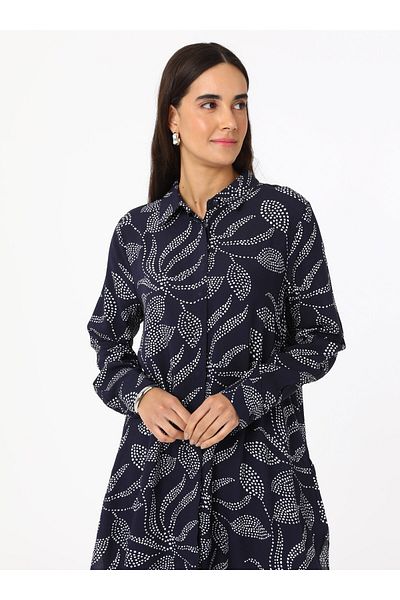 Refka Viscose Printed Tunic - Navy Blue - White - Refka