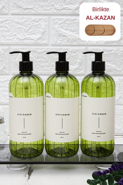 homence Plastic Bottle Set with Green Soap Dispenser - 3 Pieces 500 ml