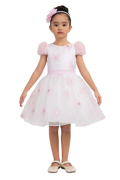 Pamina Elegant Dress for Girls, Pamina - with Pink Flowers Appliques, Matching Headband, 33319 - 92 cm