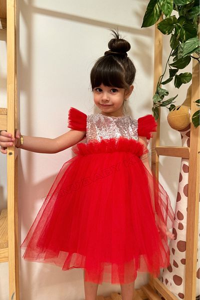 penu baby kids Rochie roșie cu fustă din tul cu paiete pentru fetiță - LİNDA