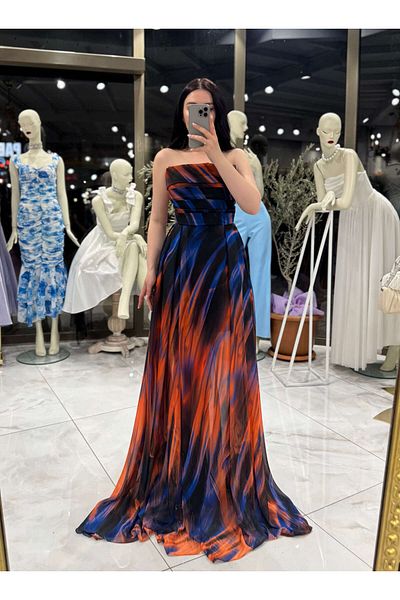 missswans Allura Patterned Colorful Strapless Side Transparent Detail Chiffon Dress Long Maxi Size Evening Dress Orange