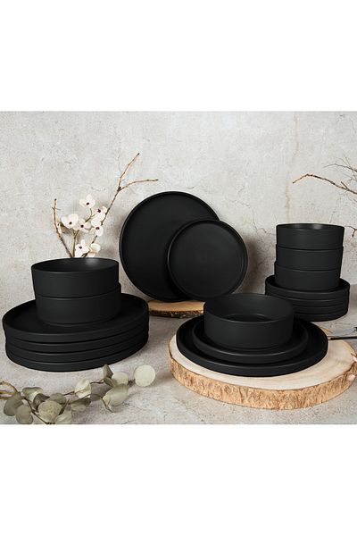 Berlinger Haus Set de cină negru cu 18 farfurii, boluri, ceramică, potrivit pentru mașina de spălat vase, cuptor cu microunde, colecție neagră mată