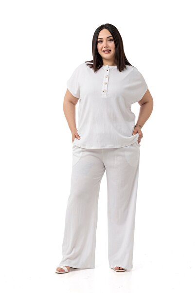 DISENTIS MODEST Plus Size Low Sleeve Blouse Pants White Two Piece Set