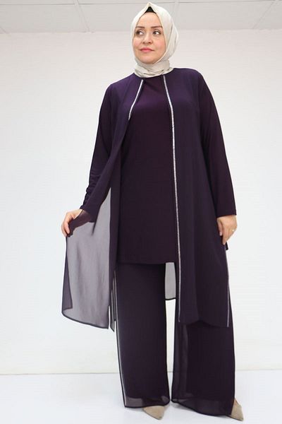 Eslina 47048 Σετ παντελονιού Sandy-Chiffon με λεπτομέρεια από πέτρα σε μεγάλο μέγεθος - Plum