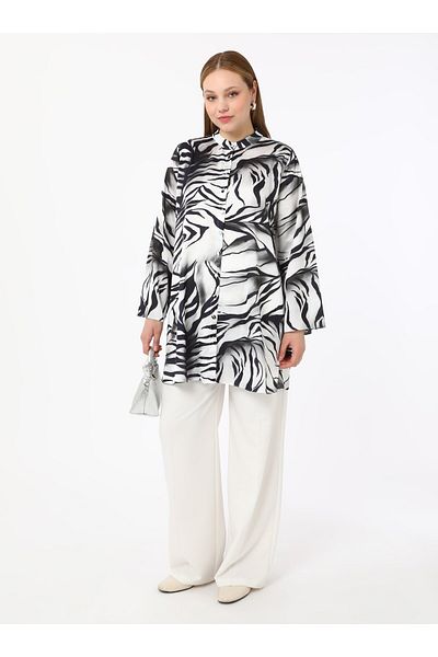 ALİA Plus Size Zebra Patterned Satin Tunic - Black - Alia