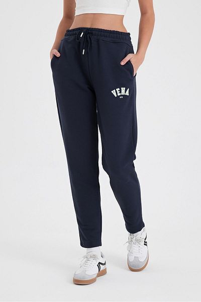 VENA Women's Logo Printed Navy Blue Regular Fit Cotton Sweatpants