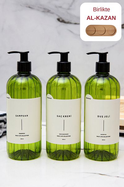 homence Shampoo Shower Gel Conditioner Label Plastic Bottle Bathroom Set 3-Piece Green Soap Dispenser 500ml