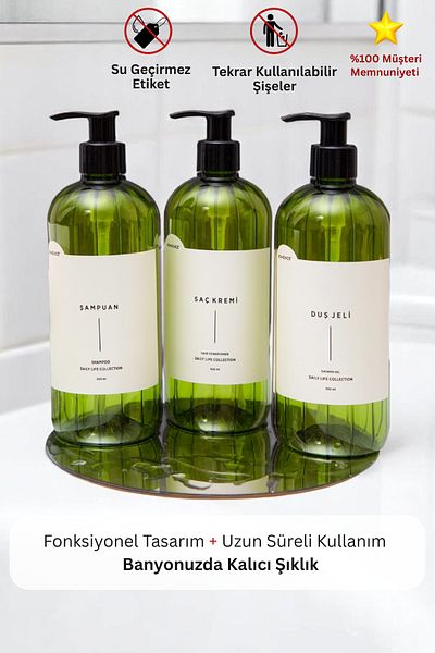 homence Shampoo Shower Gel Conditioner Label Plastic Bottle Bathroom Set 3-Piece Green Soap Dispenser 500ml