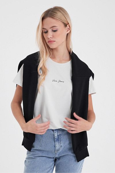 VENA Women's Crew Neck Stone Logo Printed Regular Fit T-Shirt
