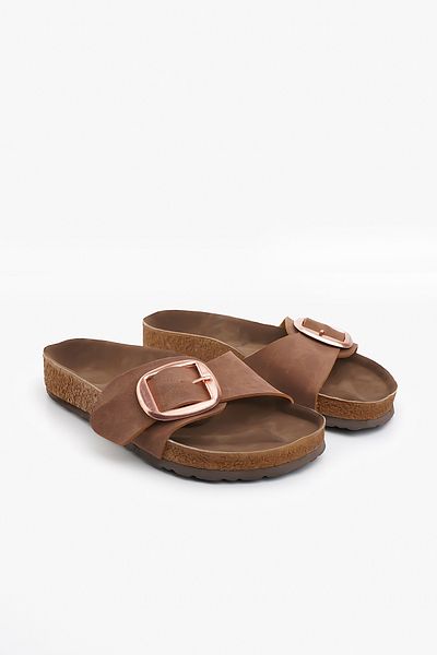 Blyss Women's Slippers Tan Nubuck Leather Skin Summer Single Buckle Adjustable Stylish Daily Slippers