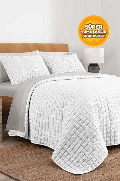 Evlen Home Collection 100% Cotton Double Bedspread Set Stone Washed 3 Piece Fiber Filled Soft Joy White