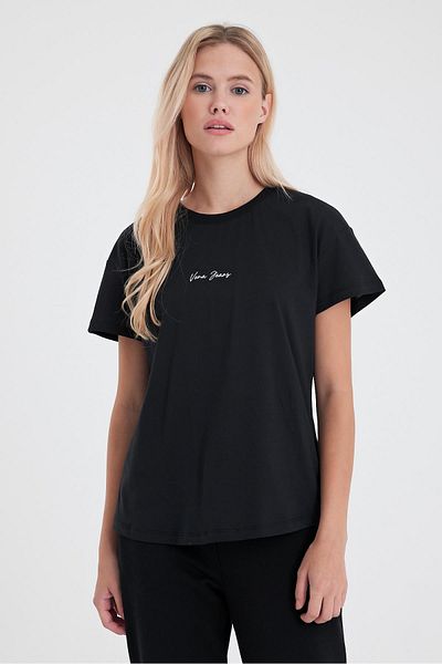 VENA Tricou de damă cu decolteu negru cu logo imprimat cu croiala normală