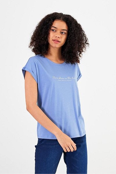 VENA Tricou de damă Shine Sky Blue cu decolteu rotund cu imprimeu regular fit
