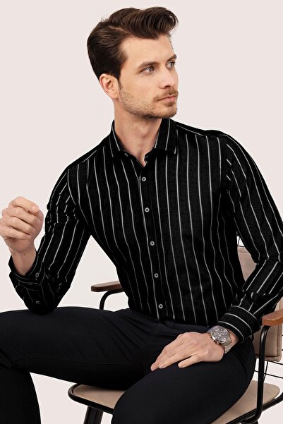 Etikmen Μαύρο και άσπρο ριγέ ανδρικό πουκάμισο σε συσκευασία δώρου