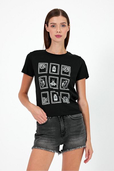 VENA Tricou negru cu imprimeu fluture pentru damă - decolteu, cu croiala normală