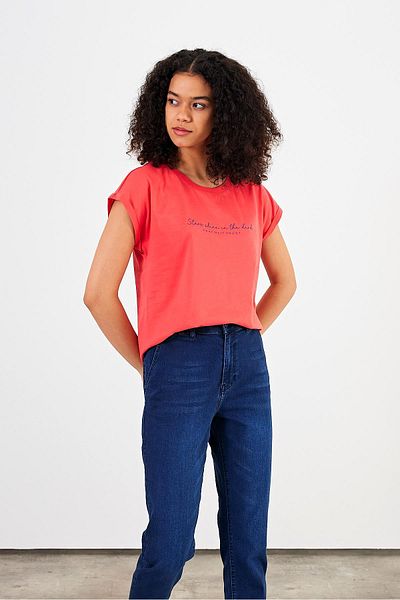 VENA Women's Shine Coral Crew Neck Printed Regular Fit T-Shirt