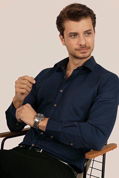 Etikmen Ανδρικό πουκάμισο Slimfit με κουμπιά Navy Blue Coffee με κουτί δώρου